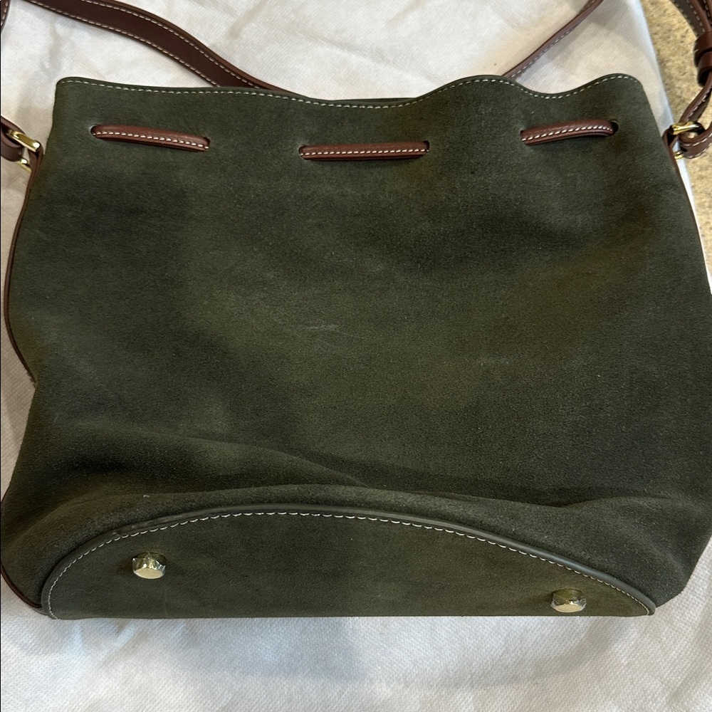 J McLaughlin Olive Suede Crossbody Bucket Bag. - Picture 5 of 9
